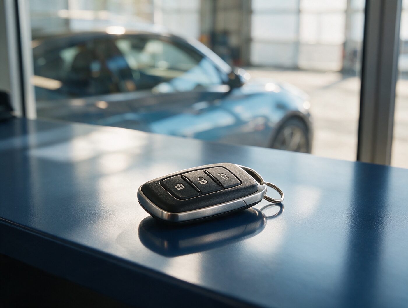 Car key on a desk with a car parked outside the window