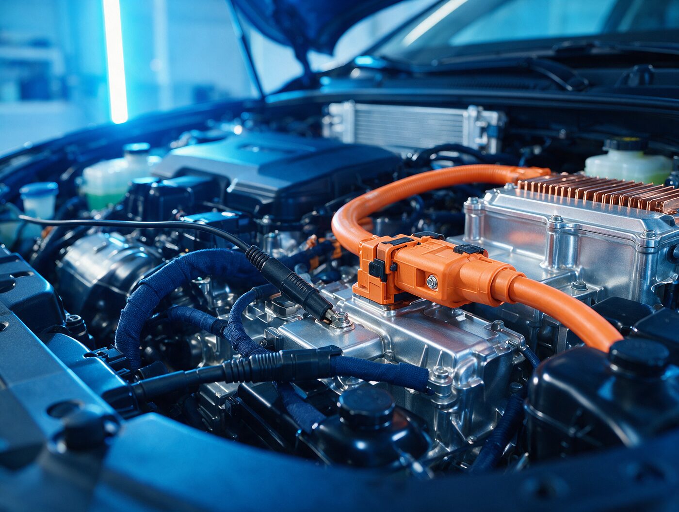 Orange high-voltage cables in the engine bay of a hybrid car