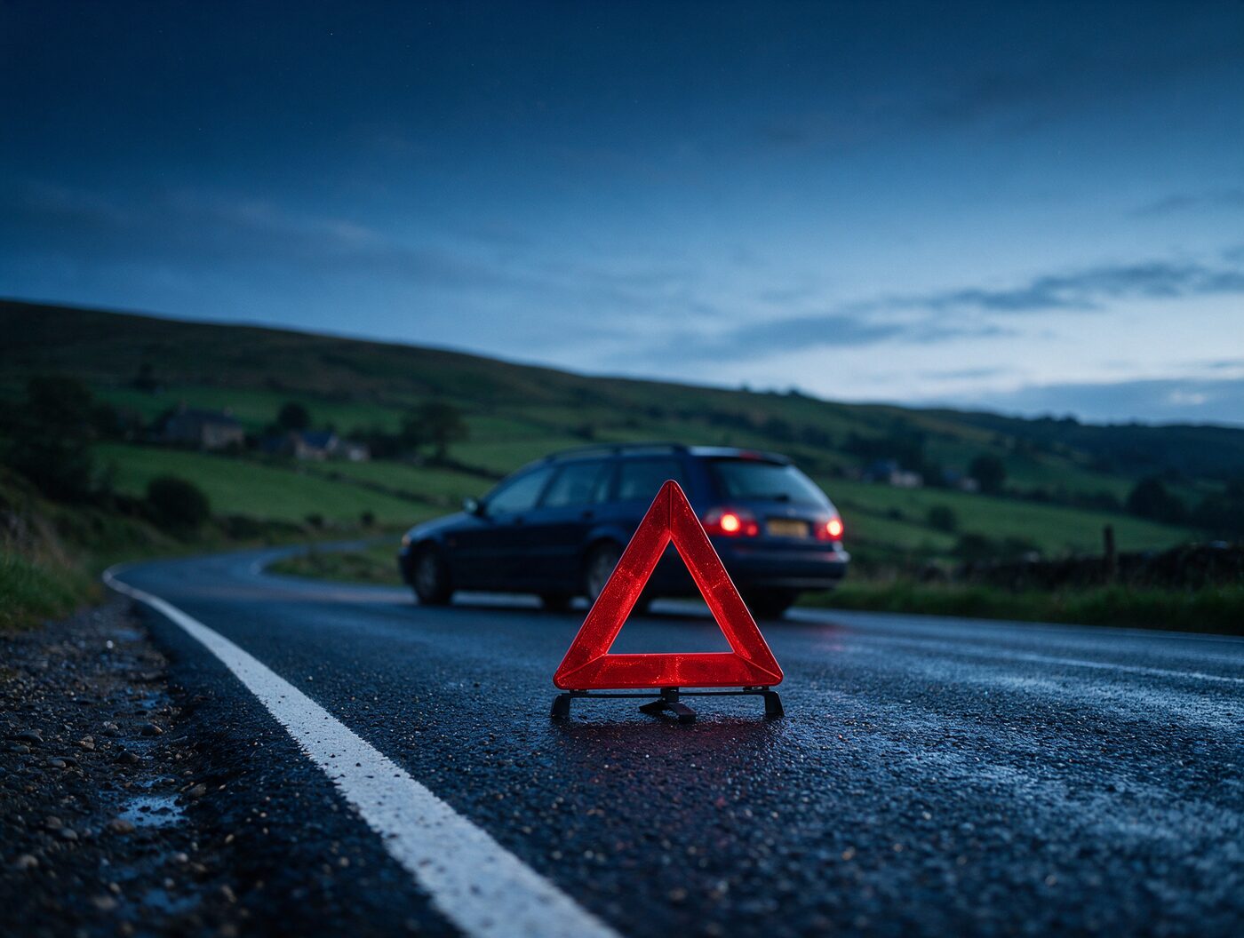 Red warning triangle behind a car on a country road at dusk